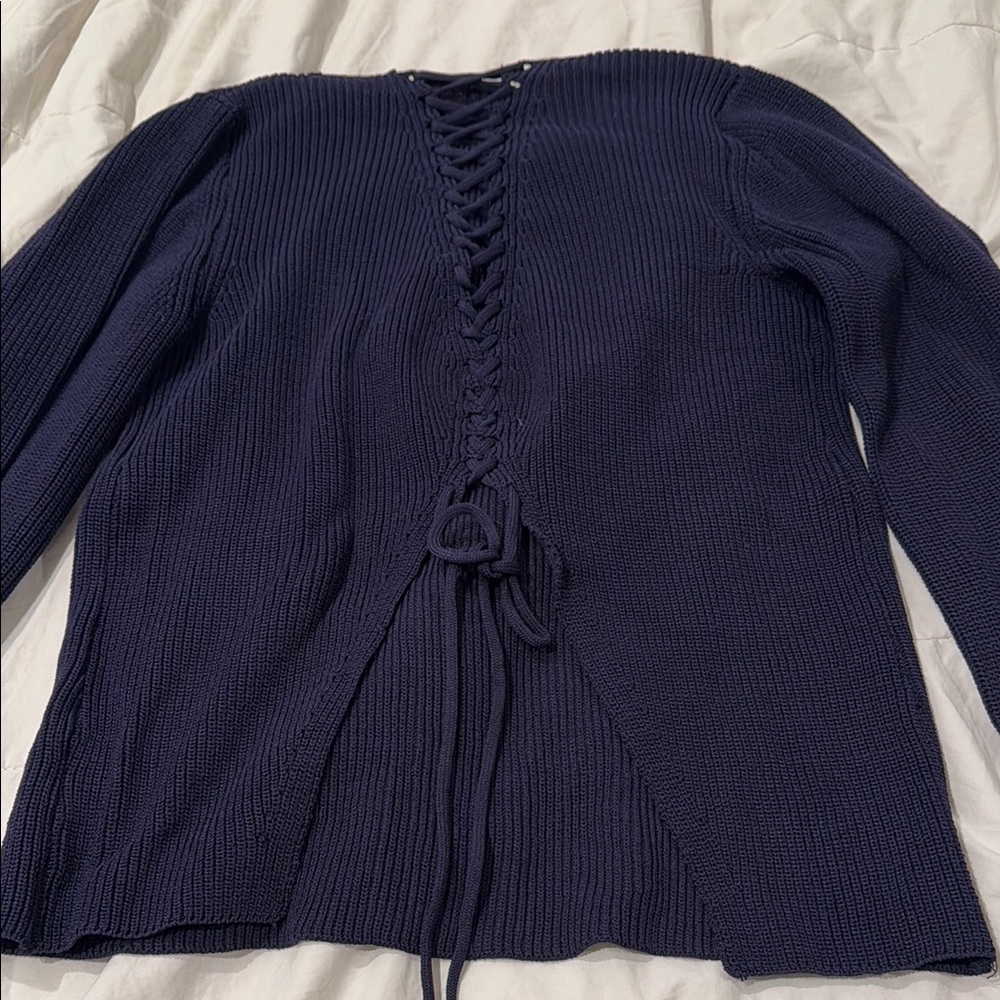 Sunday Steven’s Navy Blue Women's Sweater lace up back